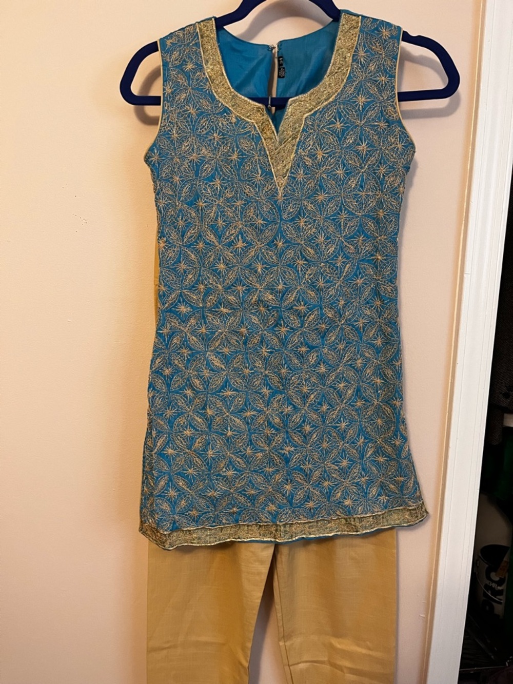 Sleeveless Teal Embroidered Tunic with Gold Accents